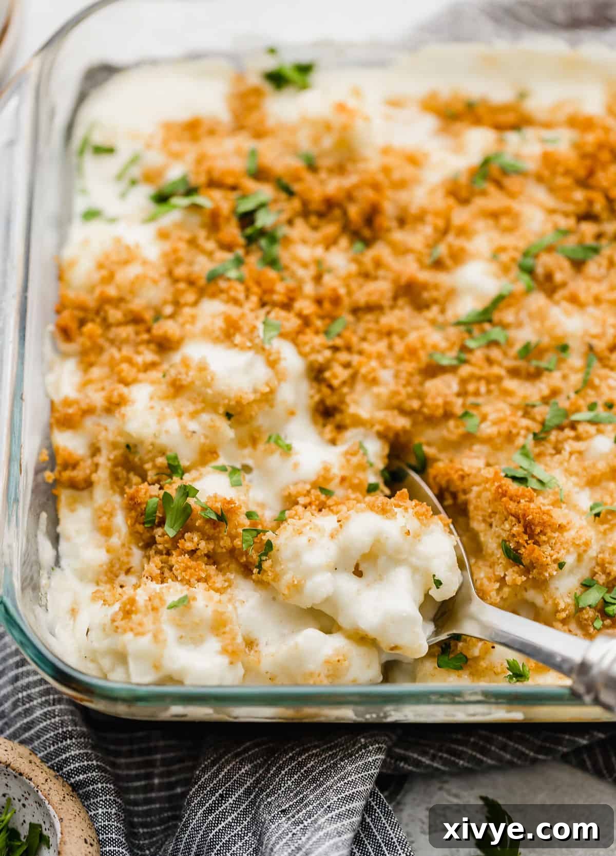 Cheesy breadcrumb and parsley topped Cauliflower Gratin in a glass square baking dish.