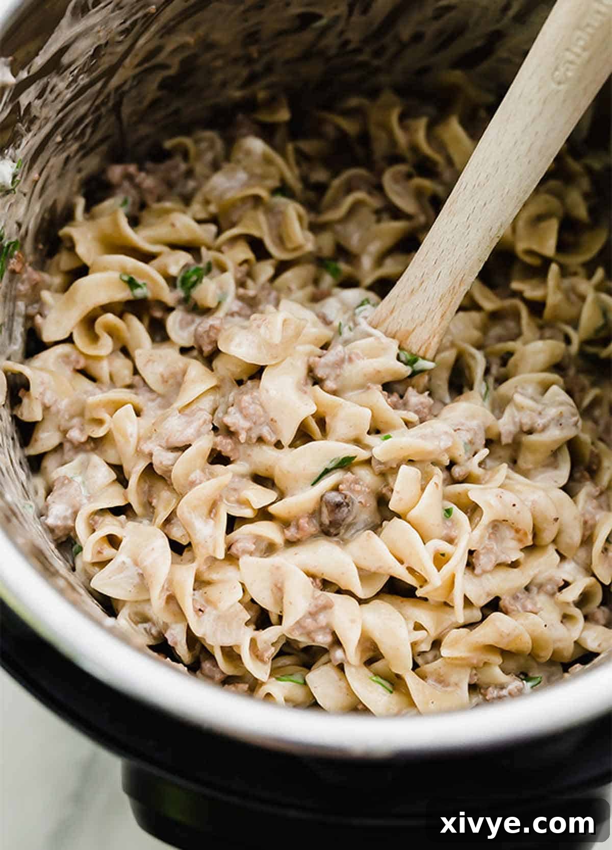 Instant Pot Beef Stroganoff in the bowl of an instant pot, ready to be served.