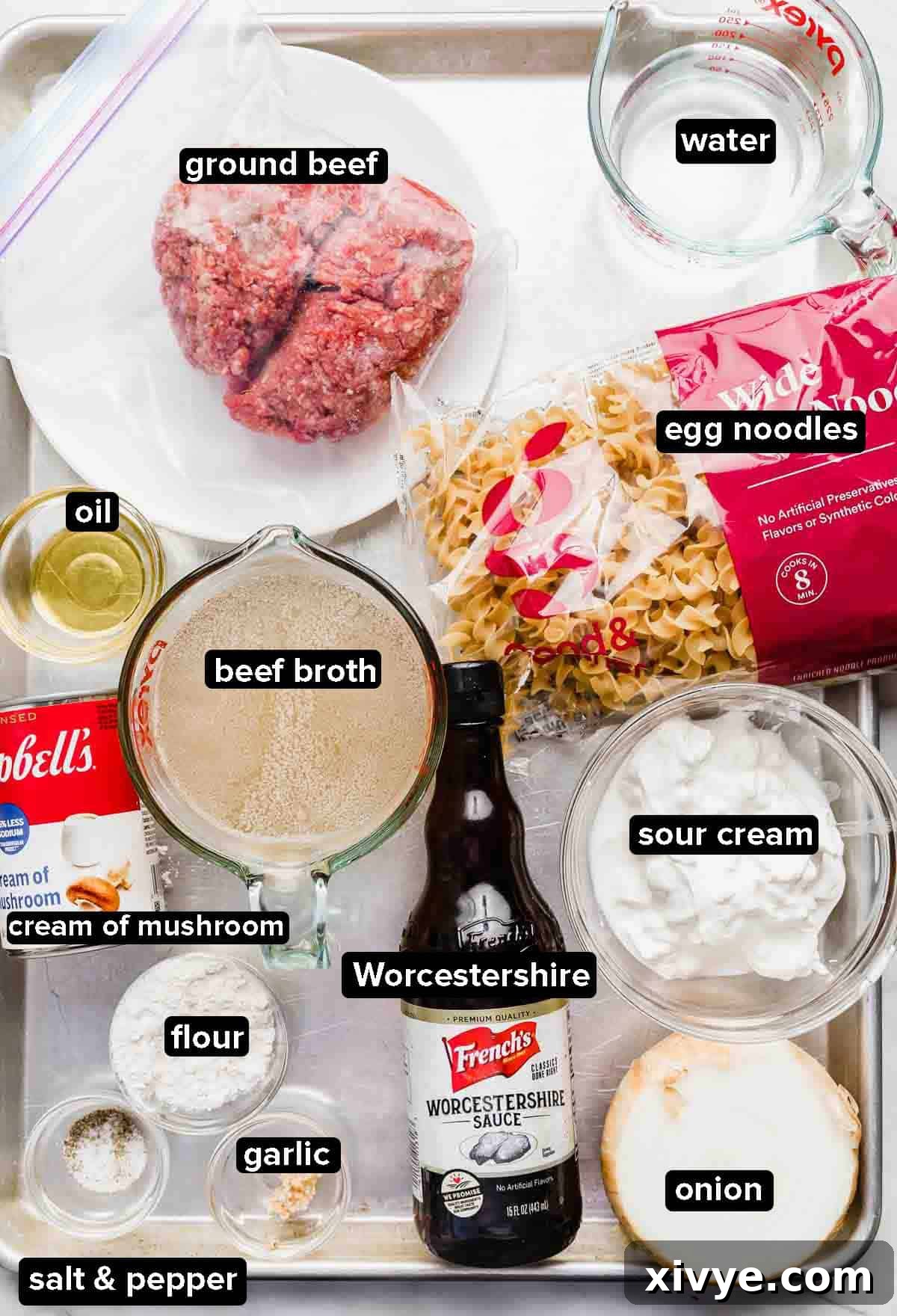 A selection of Instant Pot Beef Stroganoff ingredients laid out on a baking sheet, including ground beef, mushrooms, noodles, and spices.