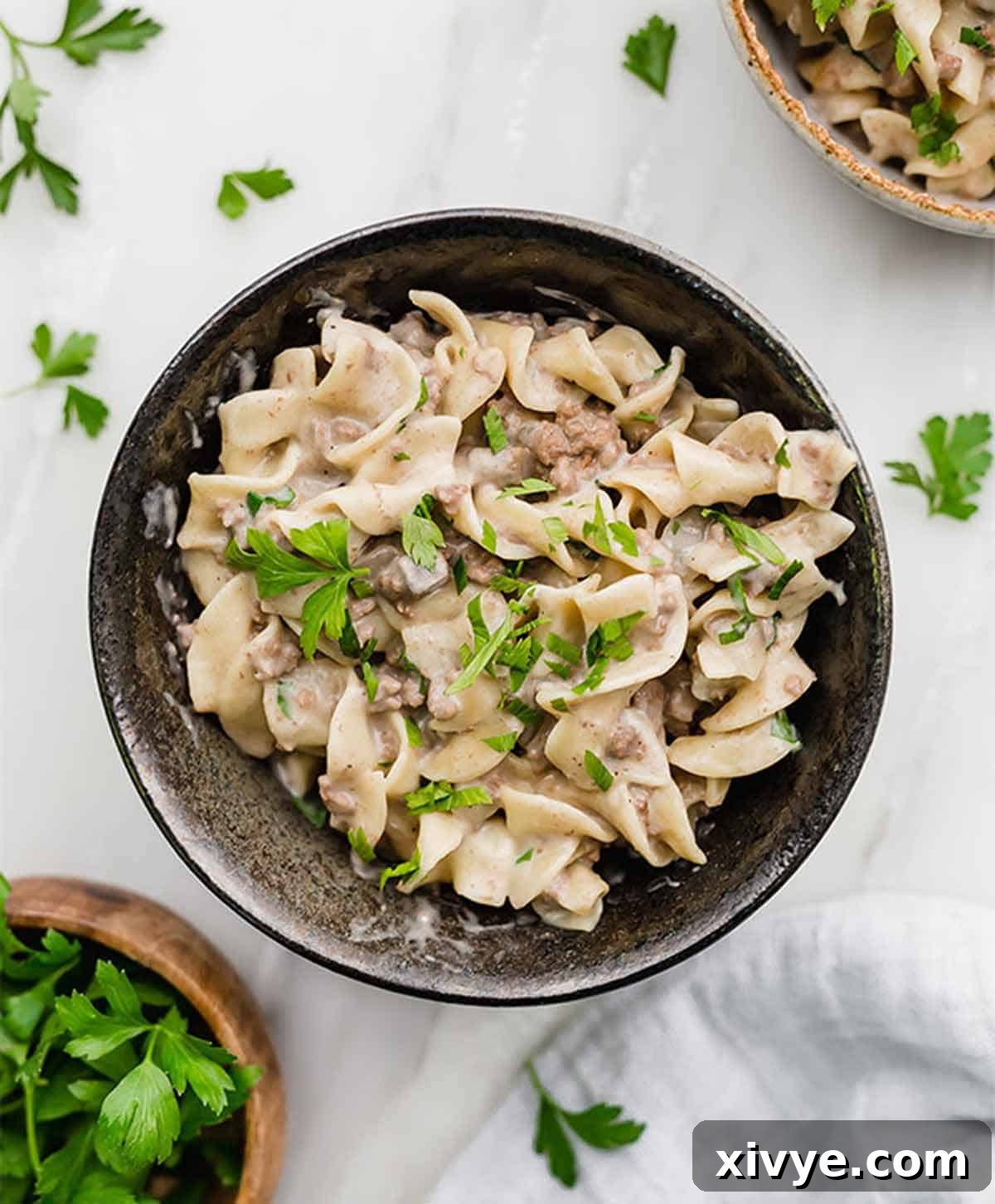 A black bowl brimming with creamy Instant Pot Beef Stroganoff, garnished with fresh parsley.