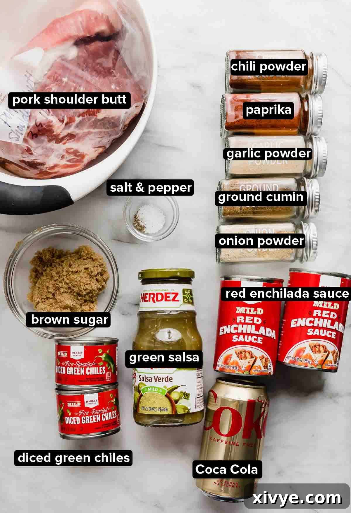Cafe Rio Sweet Pork Recipe ingredients on a white background: pork shoulder butt, green salsa, enchilada sauce, Coca Cola, brown sugar, and spices.