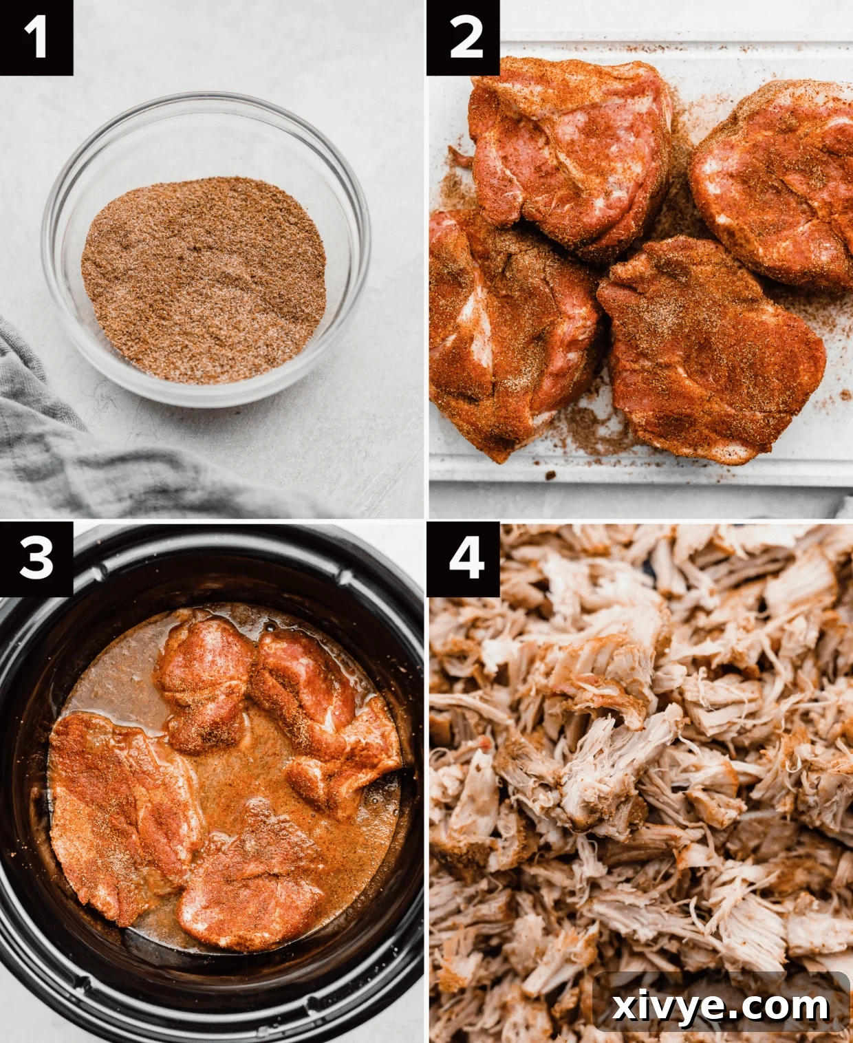 Four images showing the Cafe Rio Sweet Pork Recipe process: spices, pork rubbed with spices, pork cooking in slow cooker, and shredded pork.