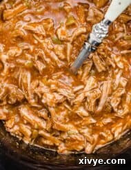 Close up of Cafe Rio Sweet Pork Recipe in a crock pot.