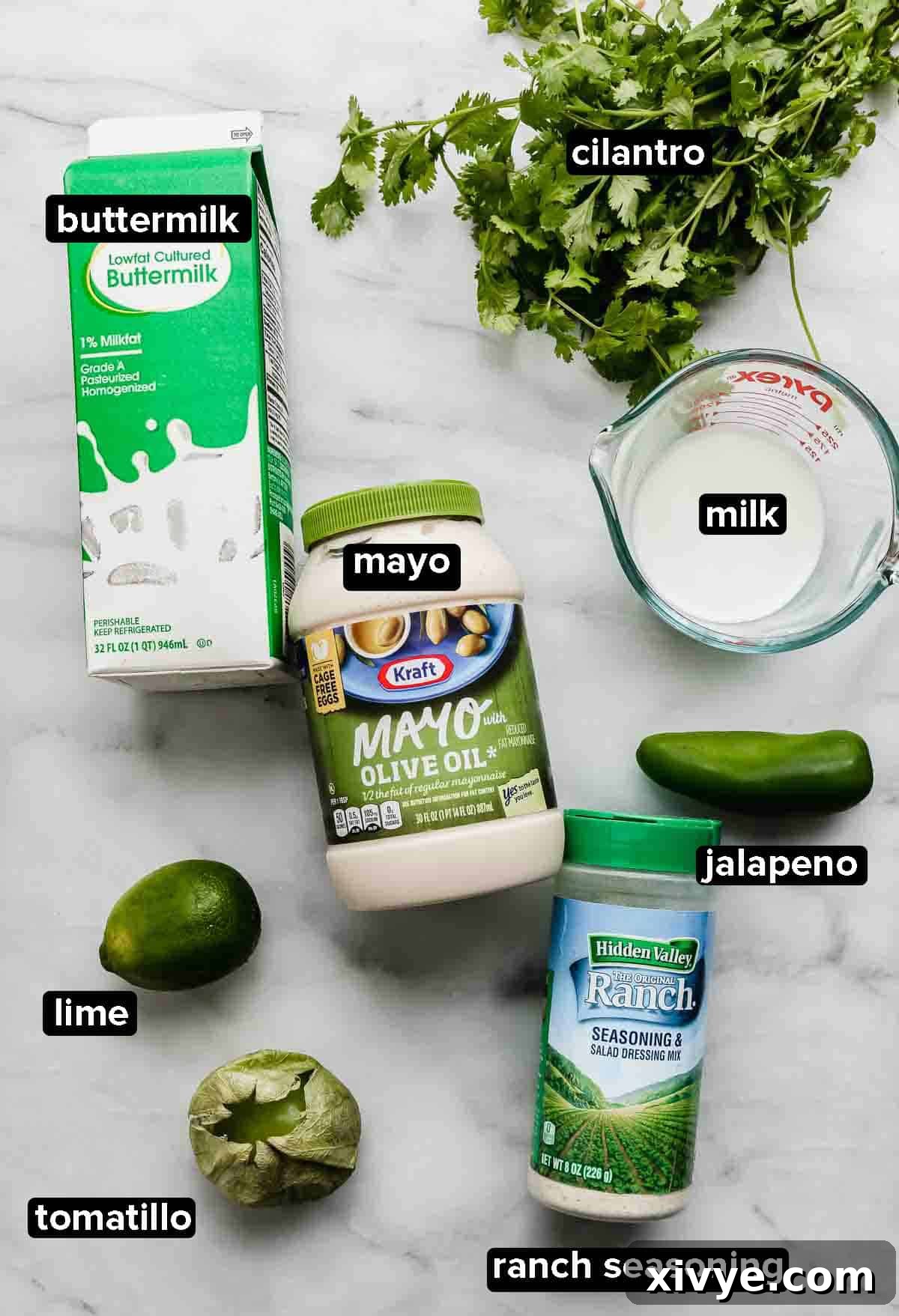 Zesty Cilantro Lime Dressing 3 Cilantro Lime dressing ingredients on a white background; ingredients include a tomatillo, jalapeño, buttermilk, cilantro, mayo, ranch seasoning and a lime, neatly arranged.