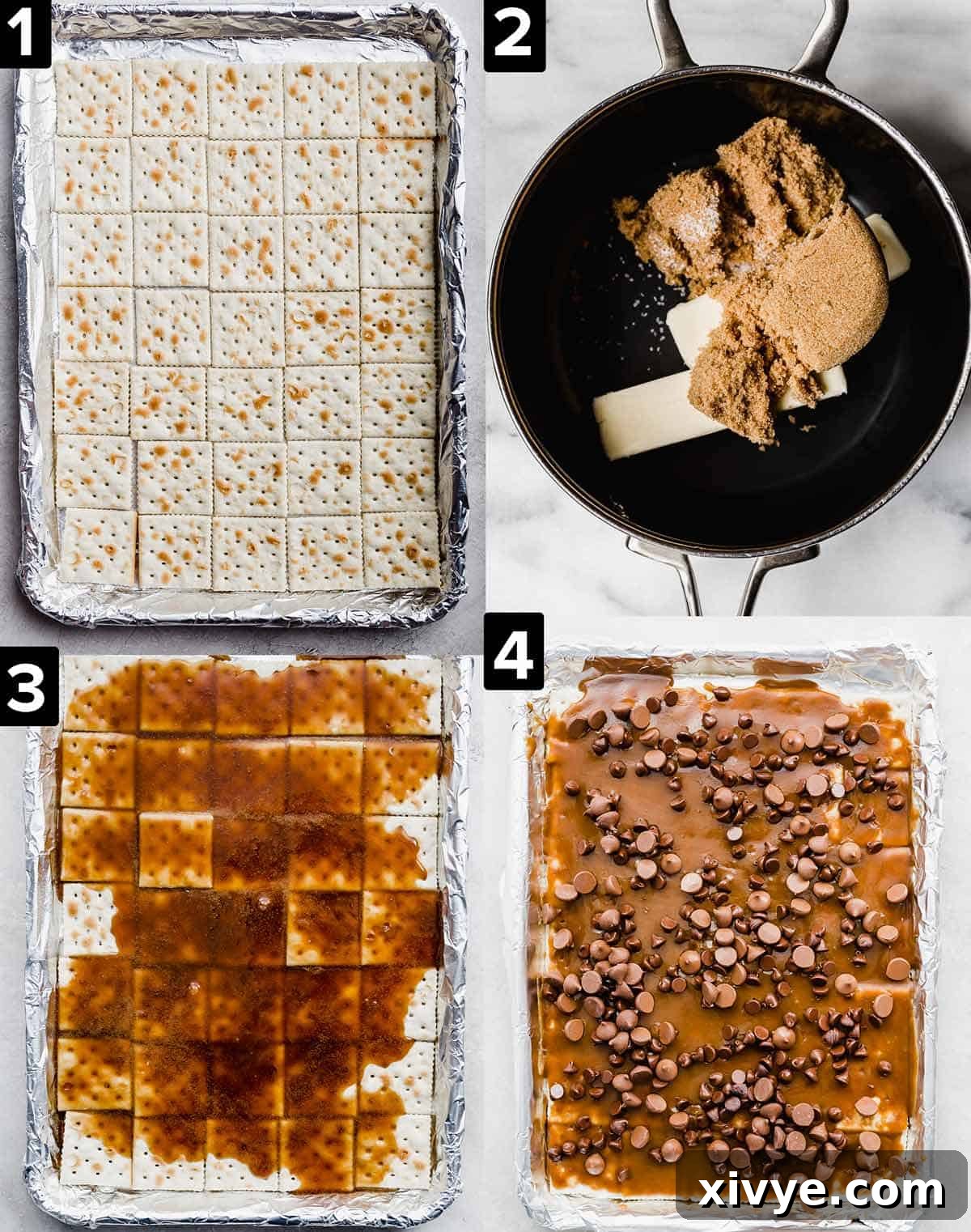 A step-by-step visual guide to making saltine cracker toffee. Clockwise from top left: saltine crackers neatly arranged in a baking pan, forming the base; brown sugar, butter, and salt simmering together in a saucepan, forming the rich toffee; the golden, bubbling toffee mixture being poured evenly over the cracker base; and a smooth, luxurious layer of melted chocolate spread over the set toffee, indicating the final stage before chilling.