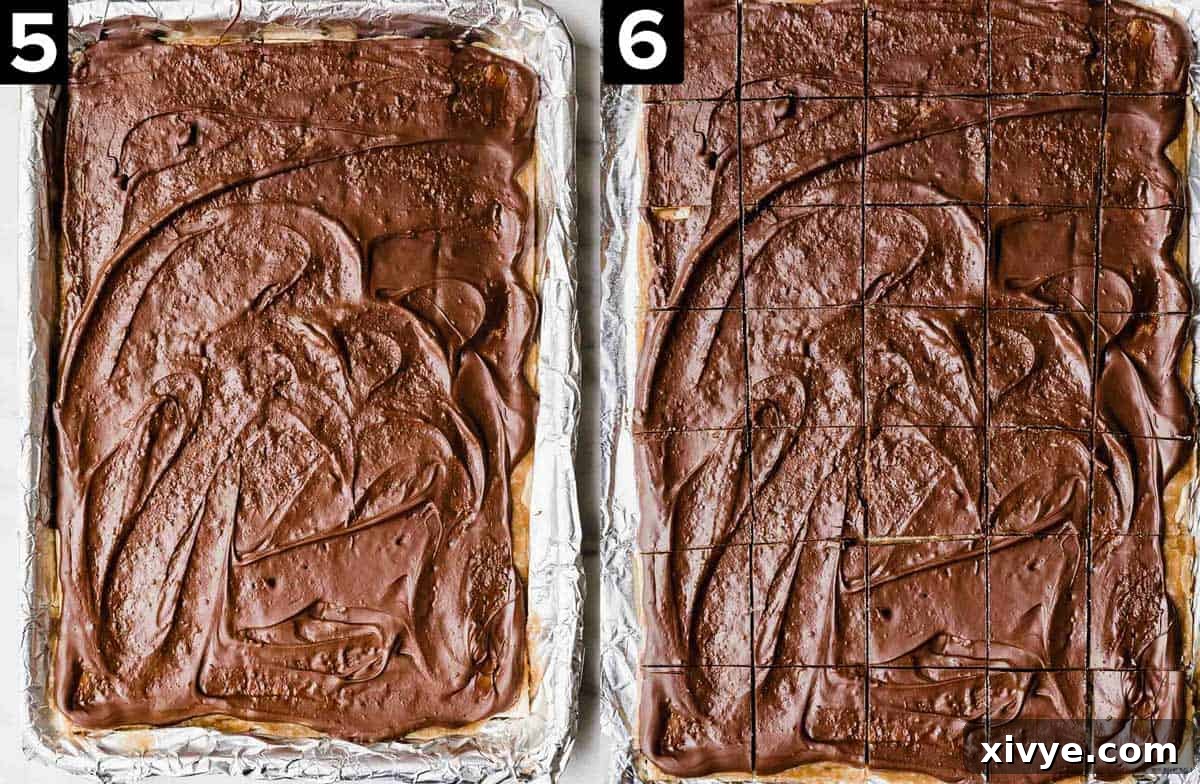 Two side-by-side images showcasing the versatility of Christmas Crack. The left image displays a full pan of warm, chocolate-covered toffee crackers, rich and inviting. The right image shows the same pan, but the Christmas Crack has been expertly cut into small, perfect squares, highlighting its neat layers and readiness for serving.