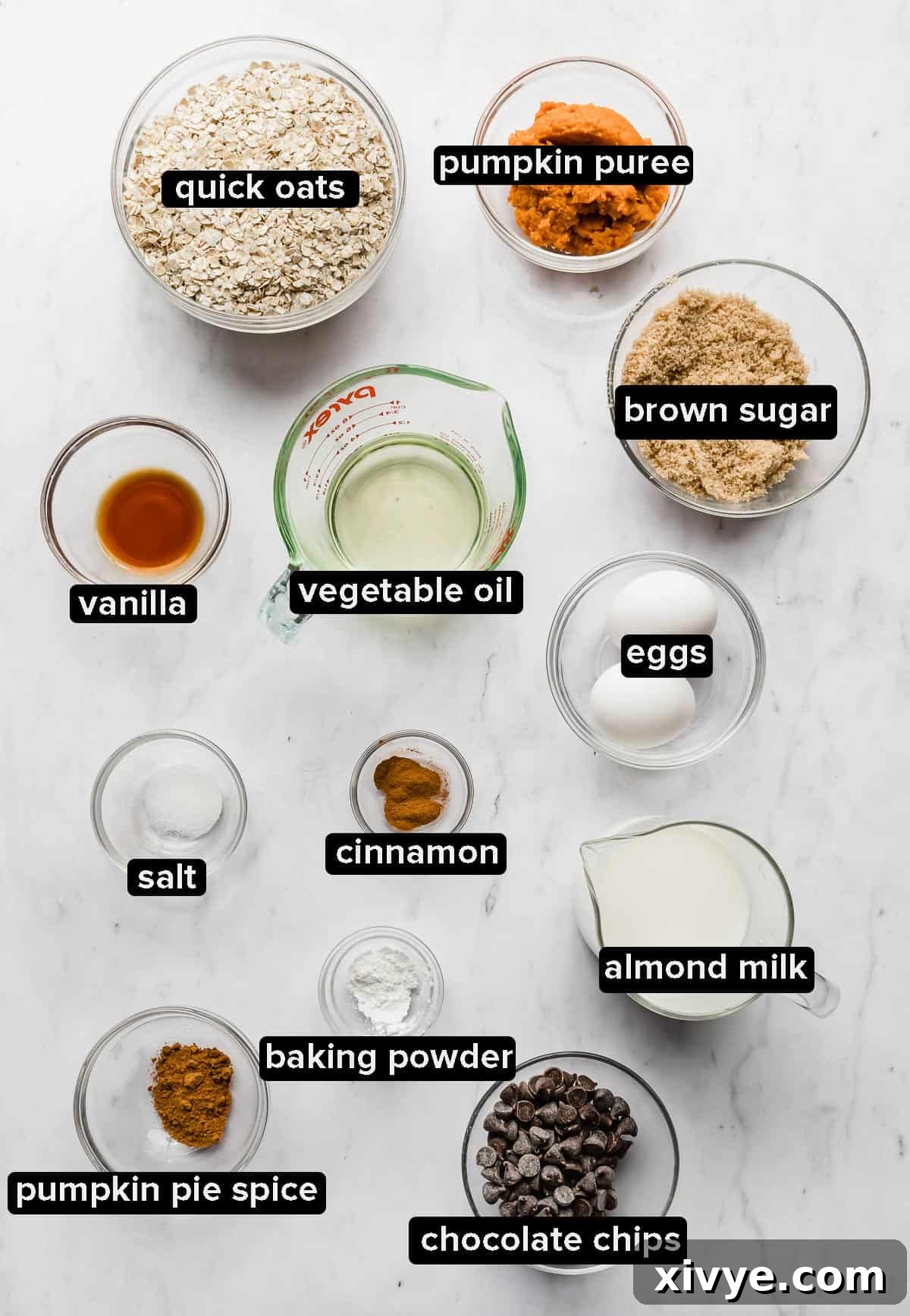 Spiced Pumpkin Oat Muffins 3 Pumpkin Baked Oatmeal Cups ingredients in glass bowls on a white background, neatly arranged and ready for baking.