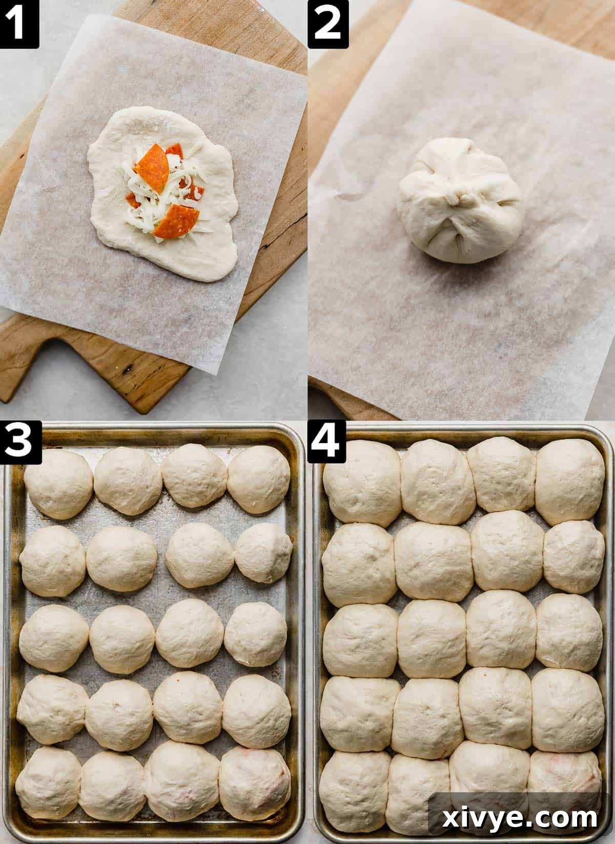 Four images showing how to roll up pizza rolls using pizza dough, bottom two photos is a photo of a baking sheet filled with unbaked Pizza Rolls.
