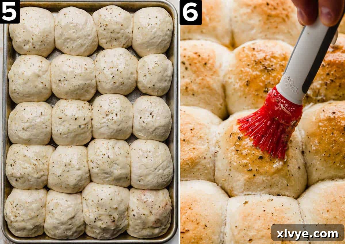 Two photos: left photo is a baking sheet filled with unbaked Pizza Rolls, right photo is a red pastry brush spreading melted butter overtop baked pizza rolls.