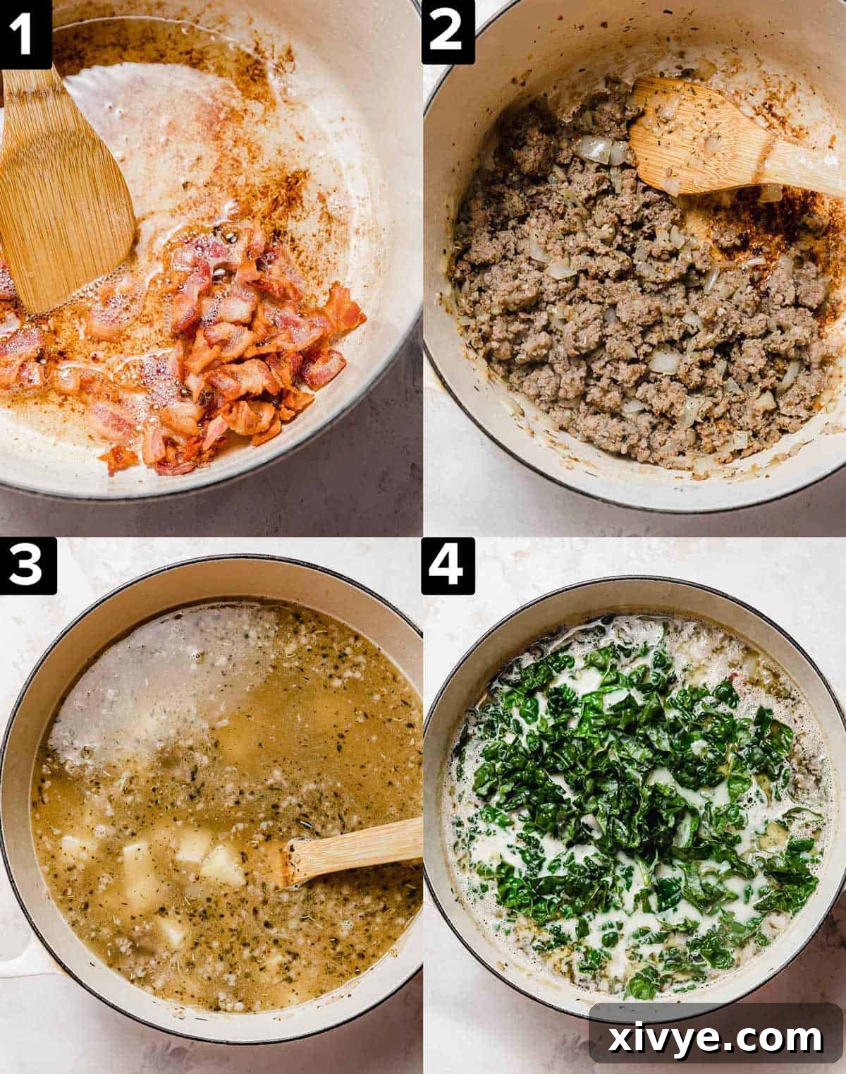 Four images showing how to make Olive Garden Zuppa Toscana Soup, top left has bacon in a white pot, top right has cooked sausage in a white pot, bottom left is potatoes and broth in a pot, bottom right has chopped kale in the soup.