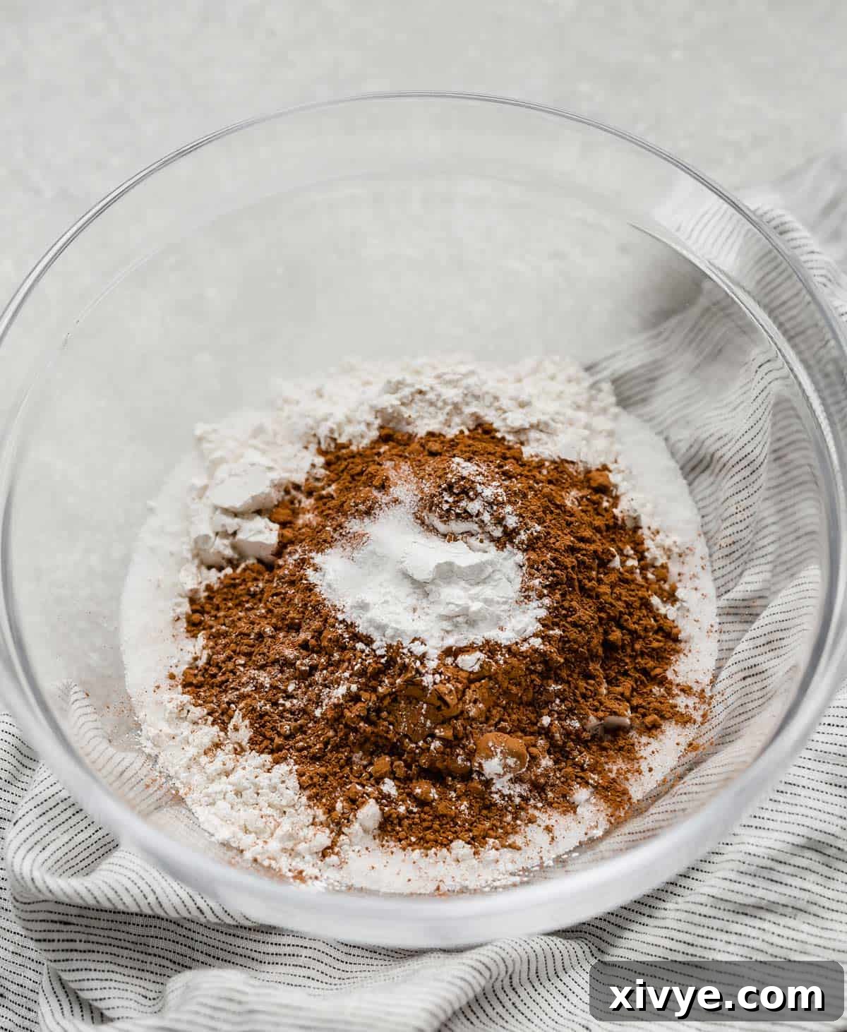 Molten Chocolate Dream 4 A glass bowl with dry ingredients in it, including baking powder, for making hot fudge pudding cake.