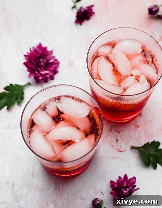 Two glass cups with ice, club soda, and bright raspberry syrup flavoring already added, clearly showing distinct layers developing.
