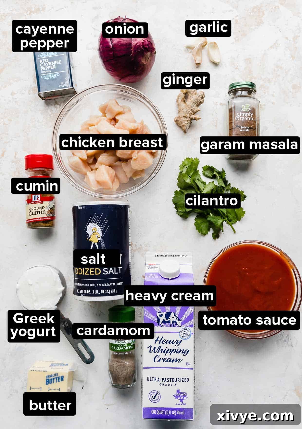 Ingredients used to make Indian Butter Chicken laid out on a white background.