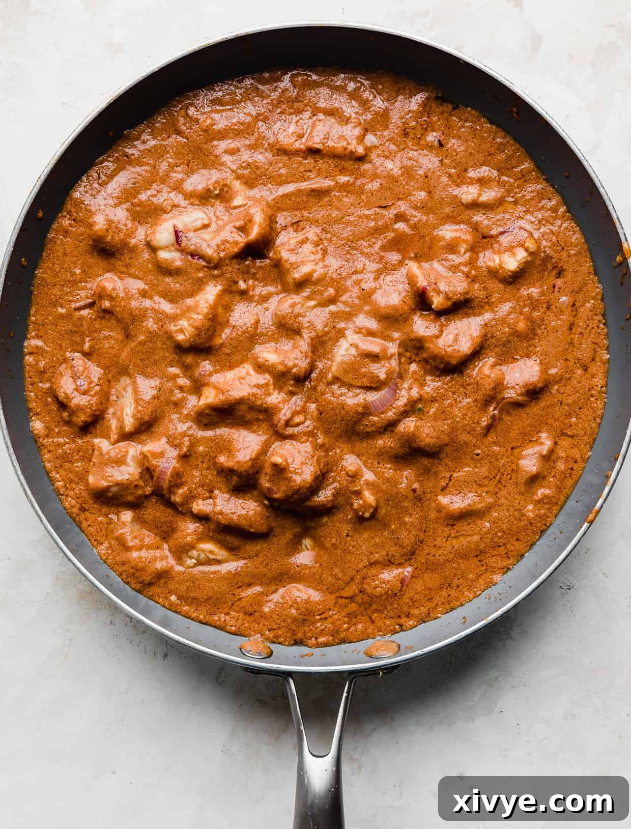 Indian Butter Chicken in a gray skillet.