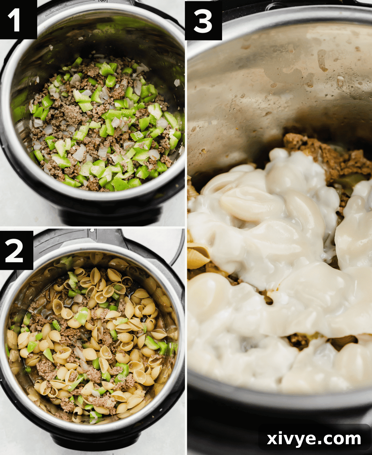 Creamy Instant Pot Philly Cheesesteak Pasta 4 Three sequential images demonstrating the cooking process: browning ground beef with onions, adding pasta and green peppers to the Instant Pot, and the final dish with melted provolone cheese stirred in.