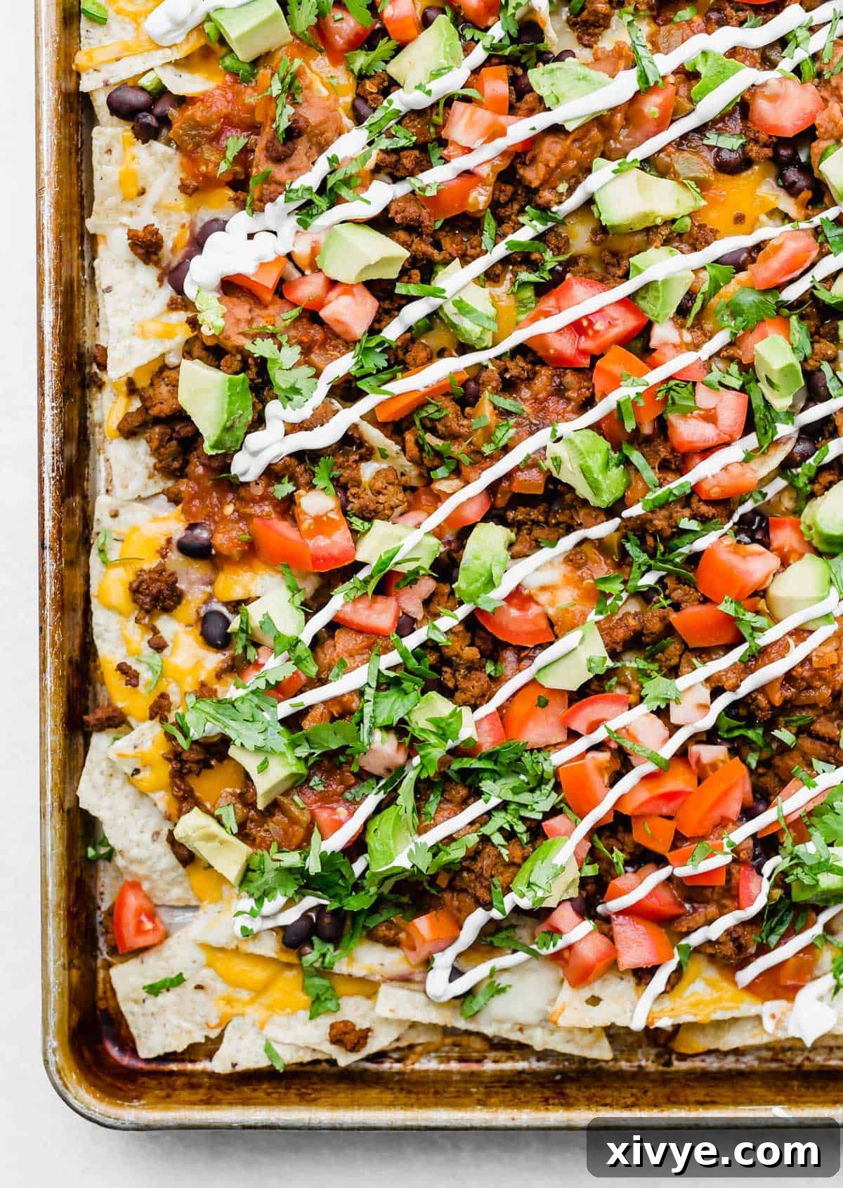Loaded Nachos topped with tomatoes, avocado, salsa, taco meat, and sour cream.
