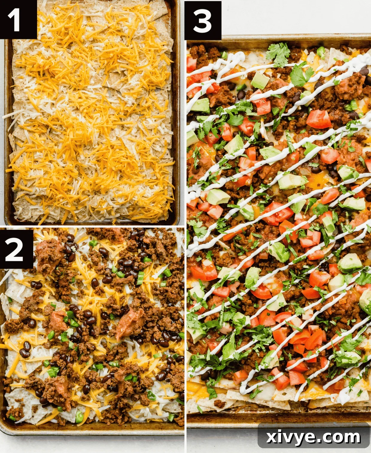 Three images showing how to make baked nachos with beef and lots of cheese, top left image is cheese over chips, bottom left is ground beef covered nachos, and right image is baked sheet pan nachos with toppings.