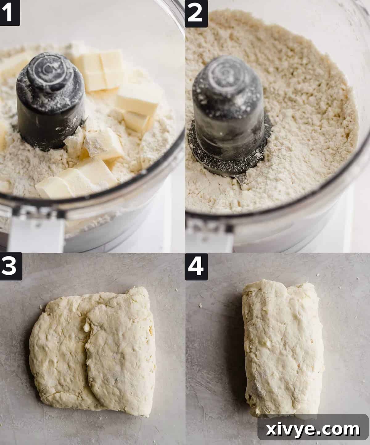 Four images showing how to make food processor buttermilk biscuits step by step.