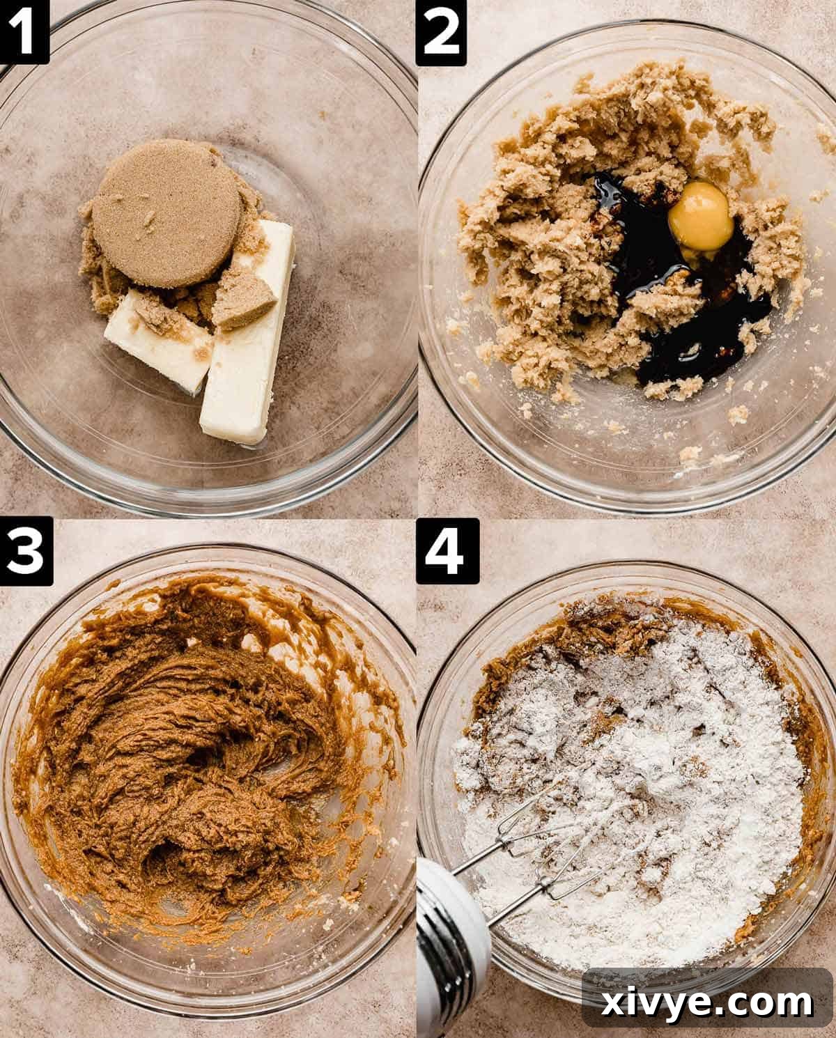 A four-panel photo collage illustrating the process of making gingersnap cookie dough. Images include mixing wet ingredients, adding dry ingredients, forming the dough, and the finished dough in a glass bowl.