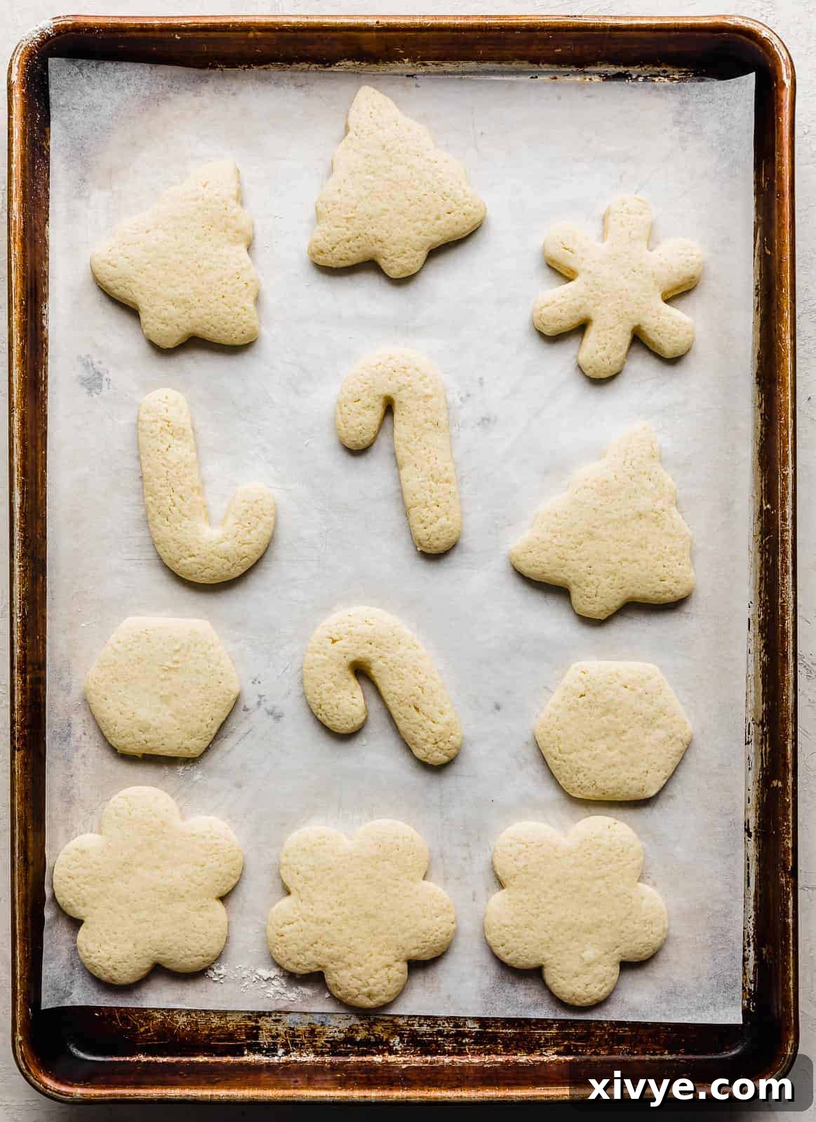 Baked cut out sugar cookies on a baking sheet.