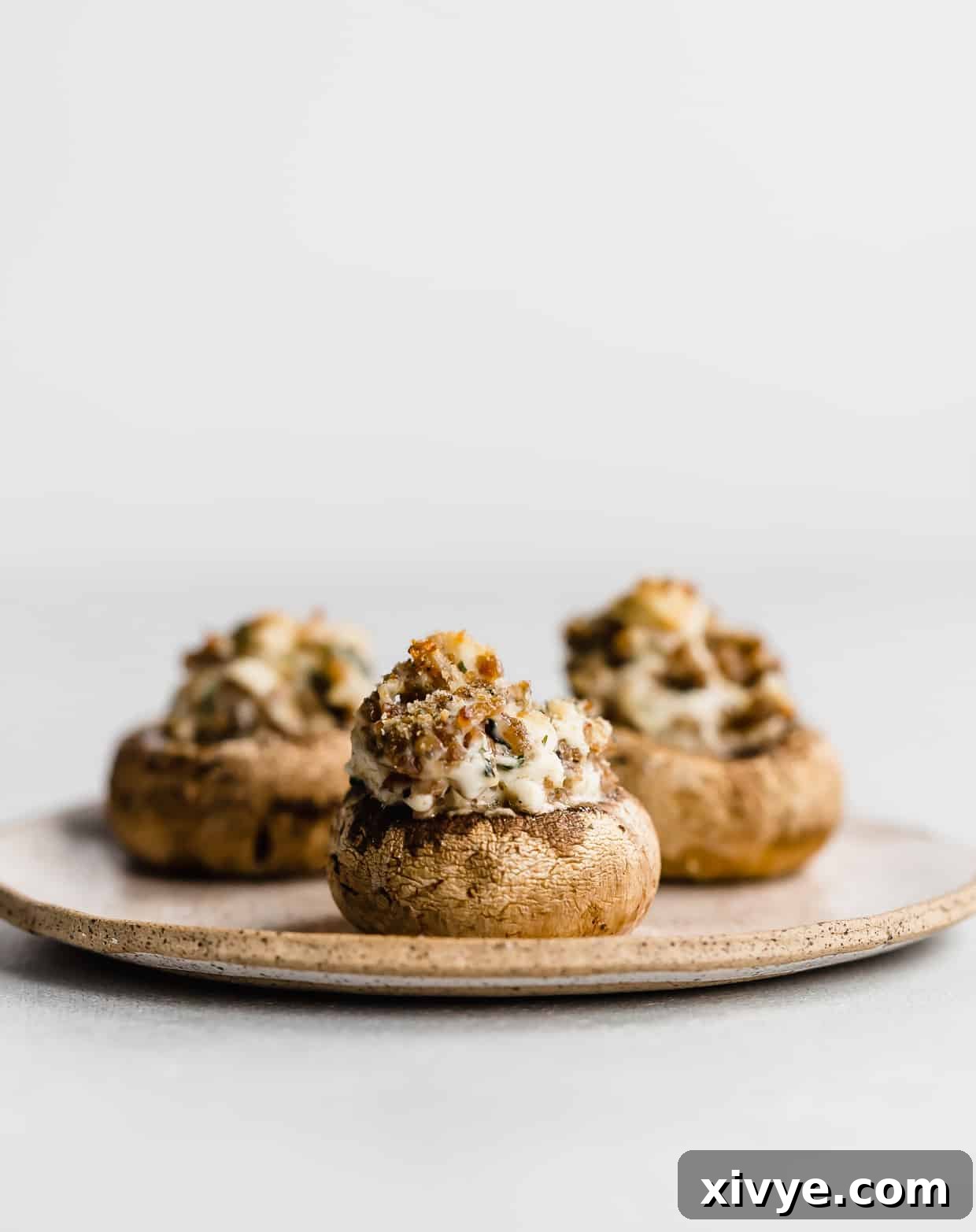 Zesty Italian Sausage Stuffed Mushrooms 2 Italian Sausage Stuffed Mushrooms topped with bread crumbs, on a plate against a white background.