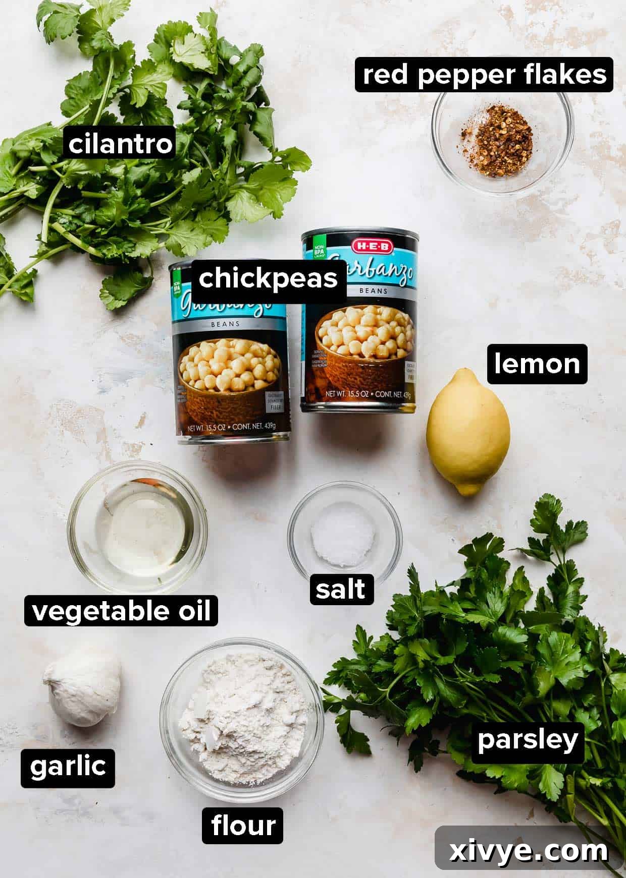 Baked Falafel ingredients on a white textured background. 