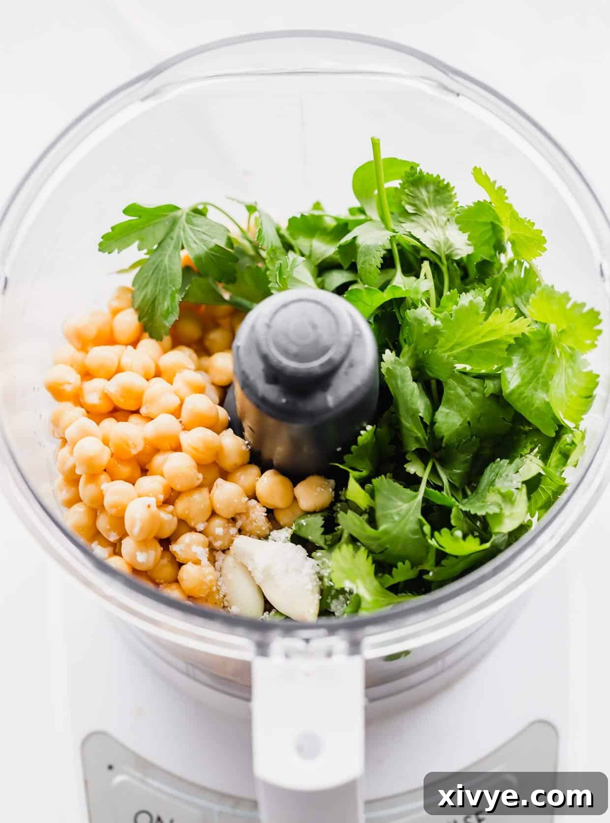 Food processor with chickpeas, fresh parsley in it.