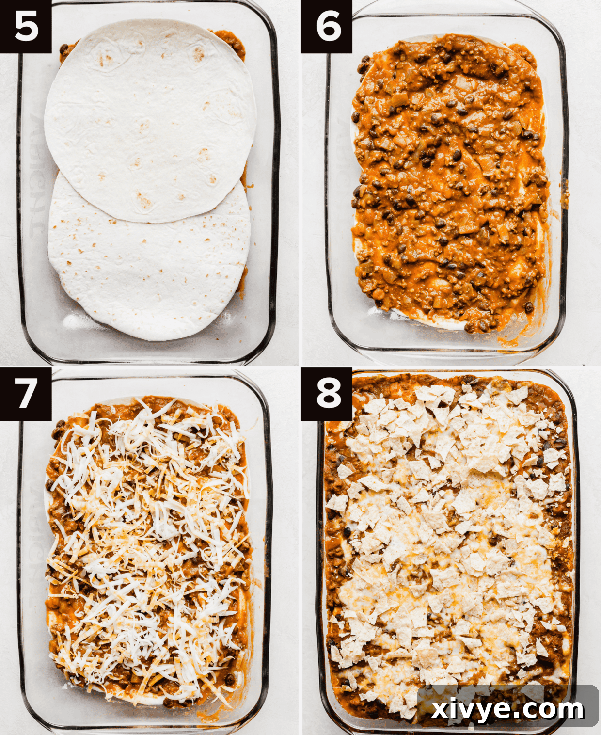 A baking dish with flour tortillas and a meat mixture and crushed tortilla chips on top of a Mexican Lasagna.