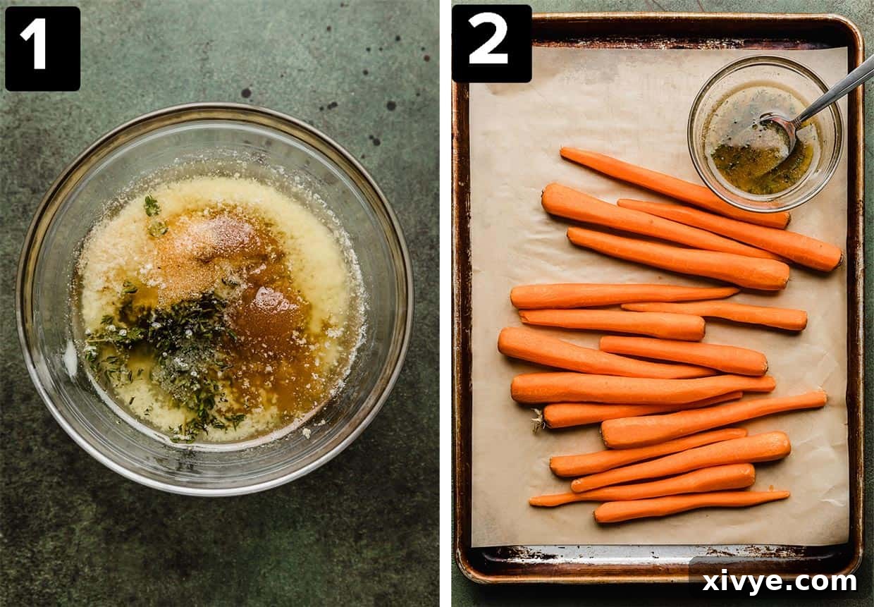 Two images side by side: On the left, a small bowl holds the melted butter, brown sugar, and thyme glaze. On the right, perfectly peeled long carrots are neatly arranged on a parchment-lined baking sheet.