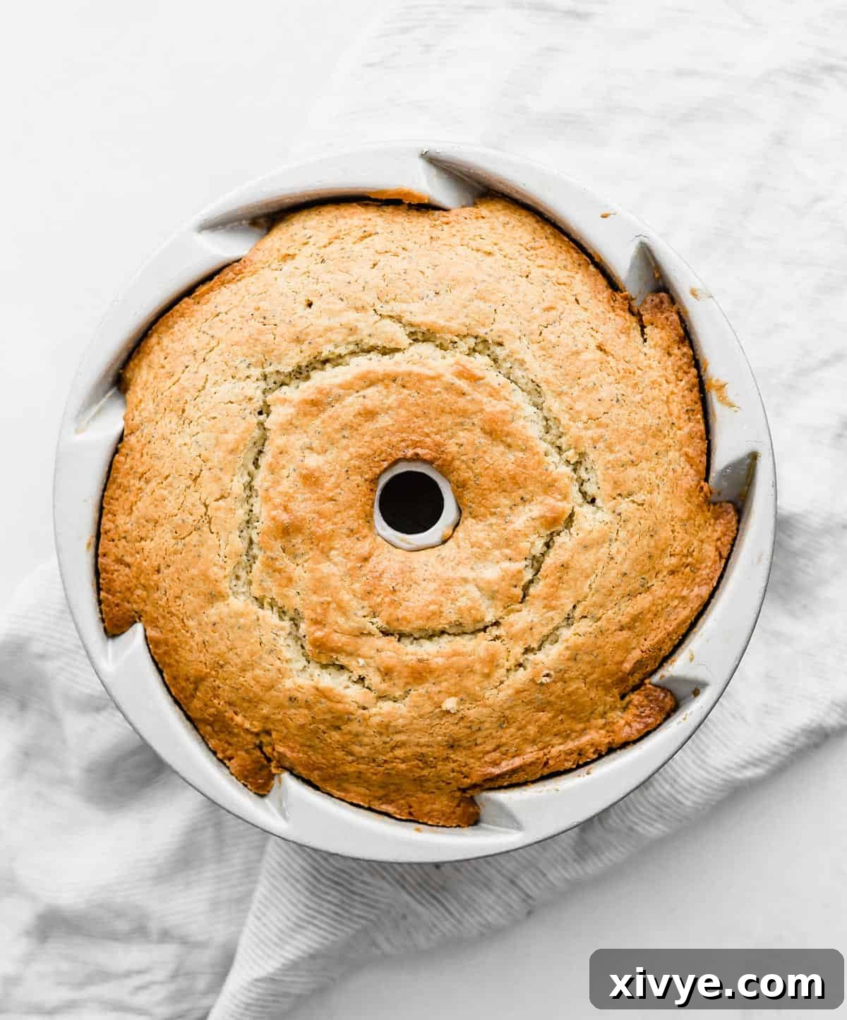 A baked Lemon Poppy Seed cake in a bundt pan on a white background, showcasing its golden-brown crust.