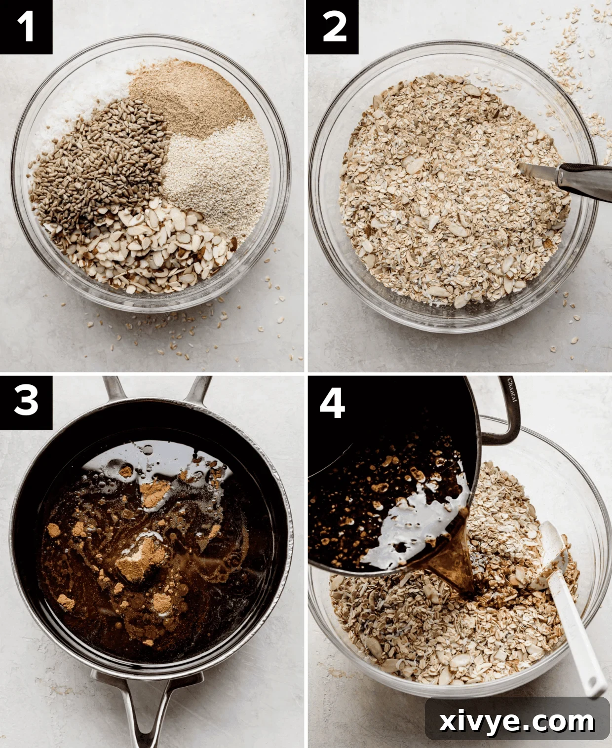 Four photos showing how to make the best granola recipe: top left is oats, nuts. seeds in a glass bowl, top right photo is all of the ingredients mixed together, bottom left photo is a black pot filled with dark liquid ingredients, bottom right image is the dark liquid ingredients being poured over the dry granola.