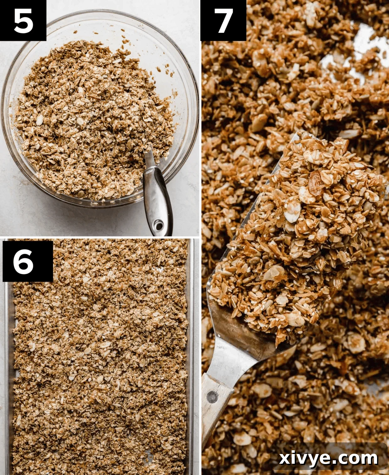 Top left photo is a brown sugar and molasses granola mixture in a glass bowl, bottom image is baked granola on a baking sheet, far right photo is a metal spatula balancing the best granola on it.
