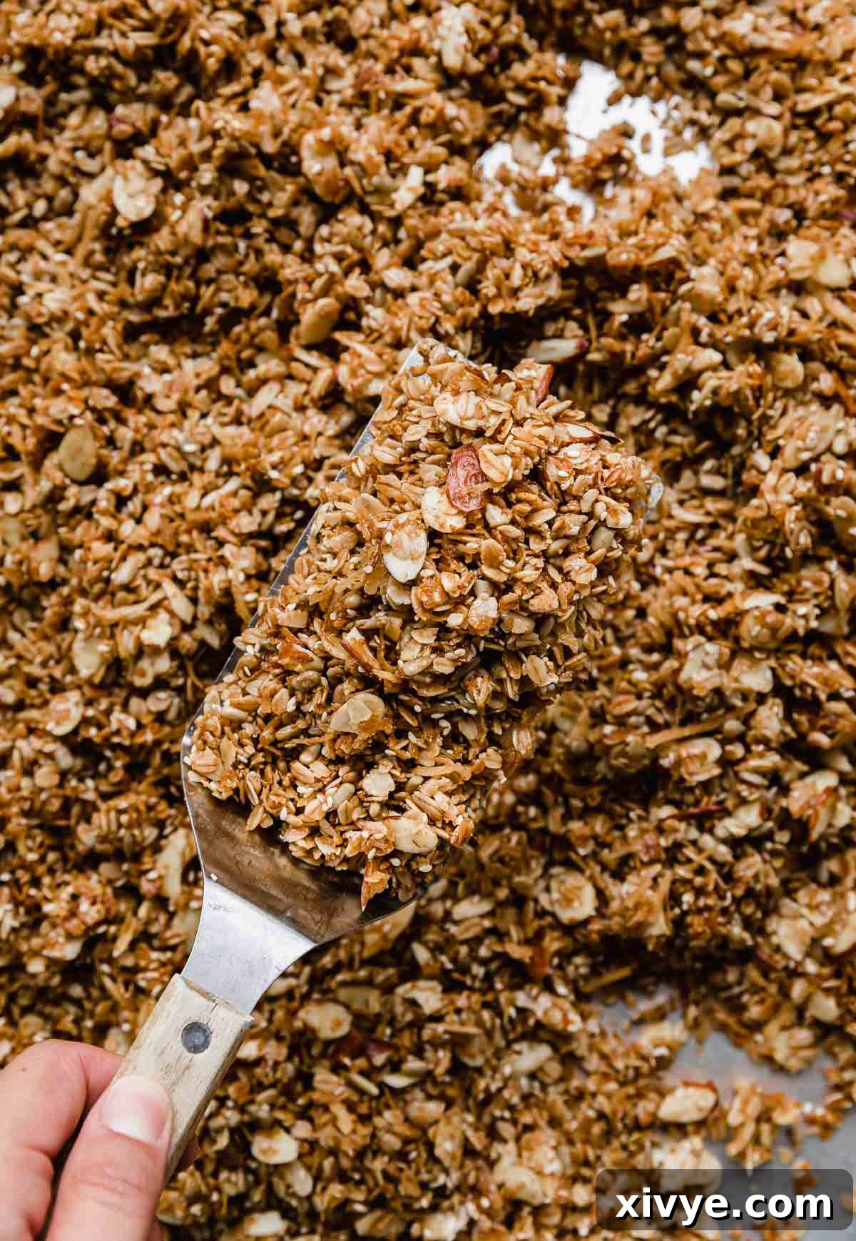 Granola cereal on a baking sheet.
