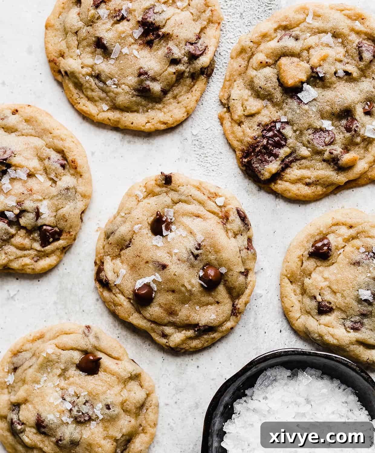 Classic, thick, and chewy chocolate chip cookies garnished with sea salt on a pristine white background.