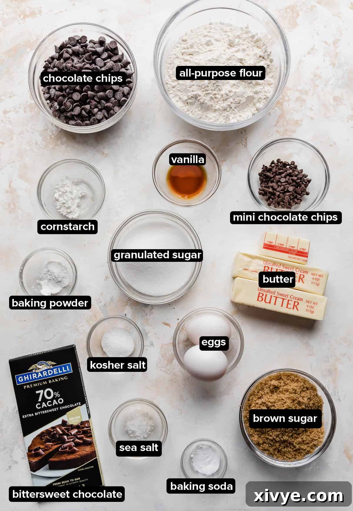 An array of premium chocolate chip cookie ingredients arranged beautifully on a rustic gray background.