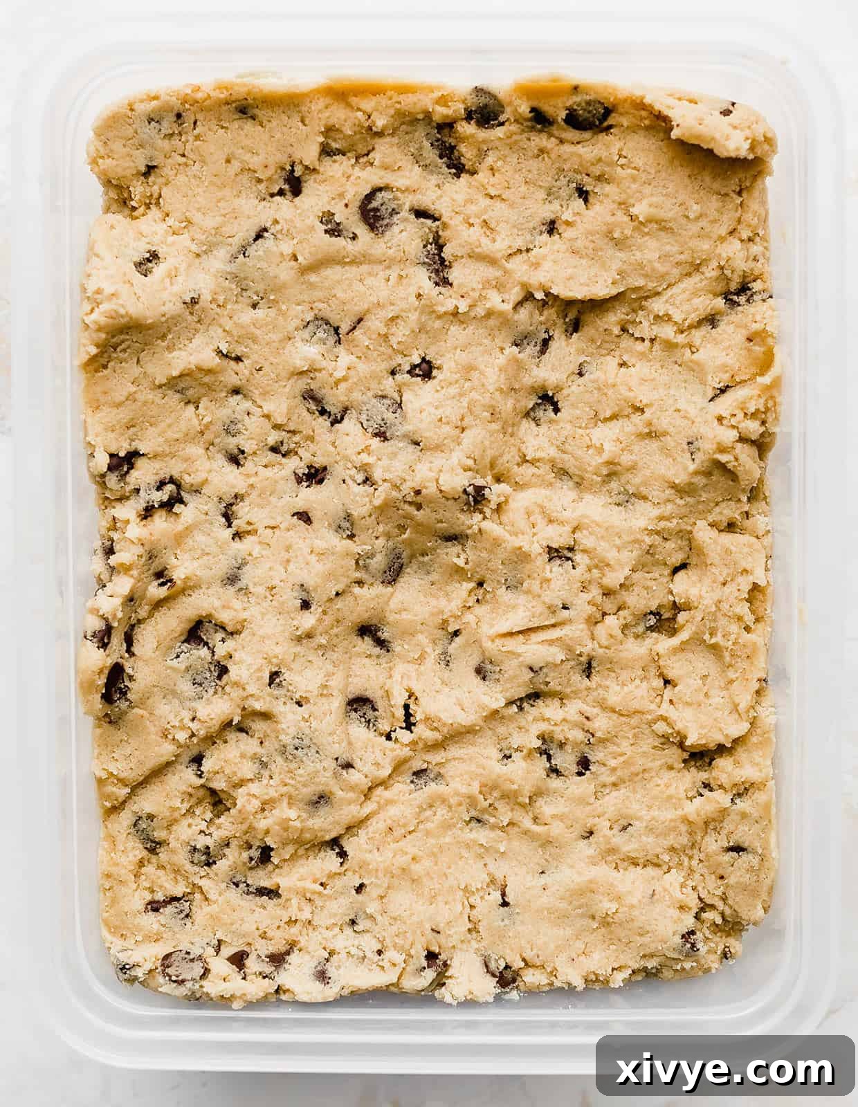 Chocolate chip cookie dough securely stored in a rectangular airtight container, chilling in the refrigerator.