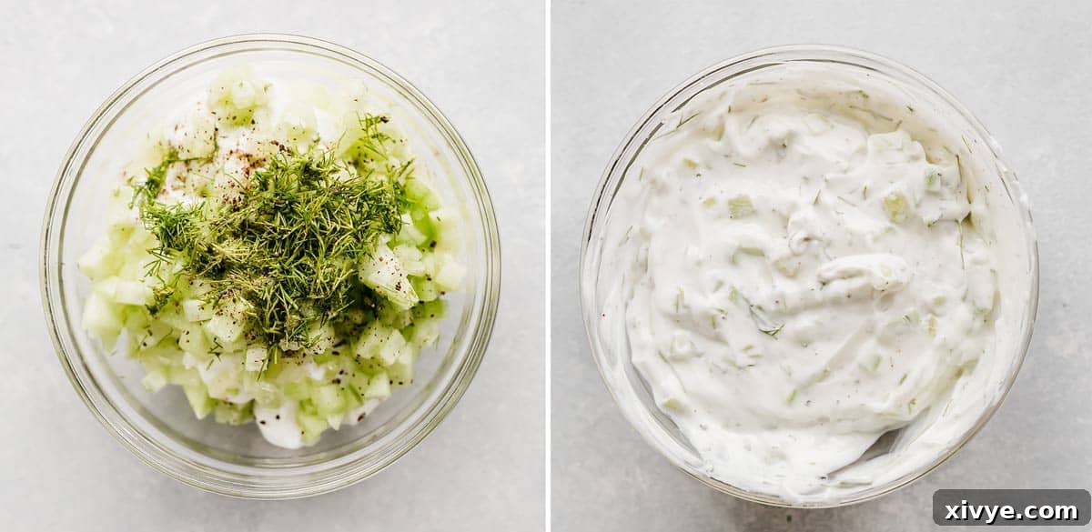 Two photos, left photo is of A glass bowl with greek yogurt, cucumber, and dill in it. Right photo shows mixed tzatziki in a glass bowl.