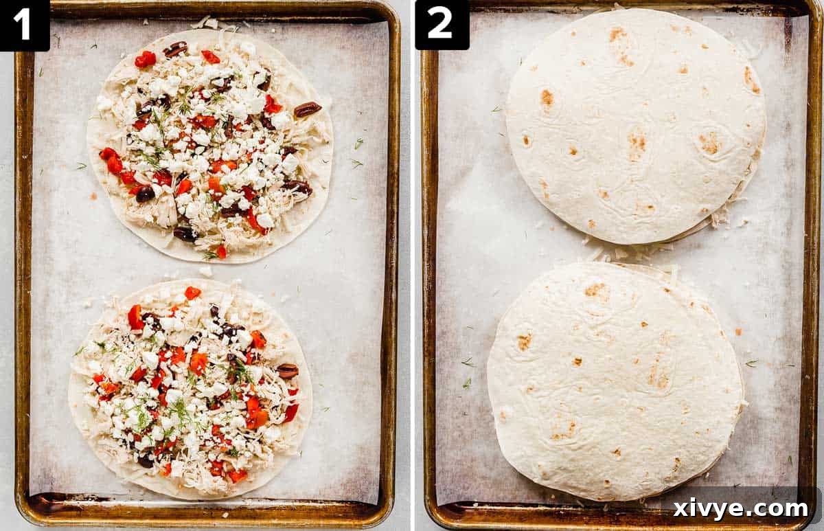 Left image is two tortillas topped with greek quesadilla ingredients (cheese, Kalamata olives, roasted red peppers, feta). Right image is two Greek Quesadillas topped with unbaked flour tortilla.