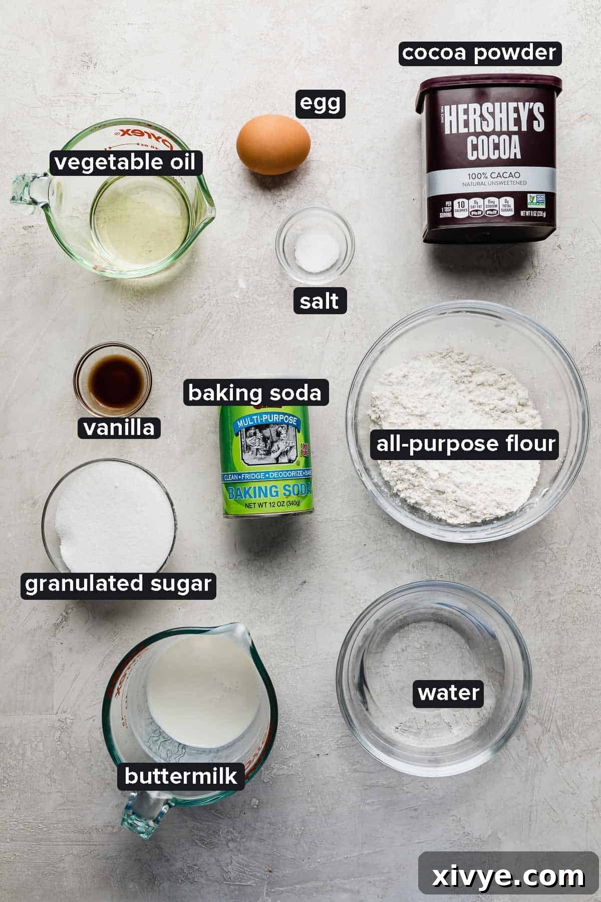 Chocolate Cake Pop ingredients portioned into glass bowls on a light gray background.
