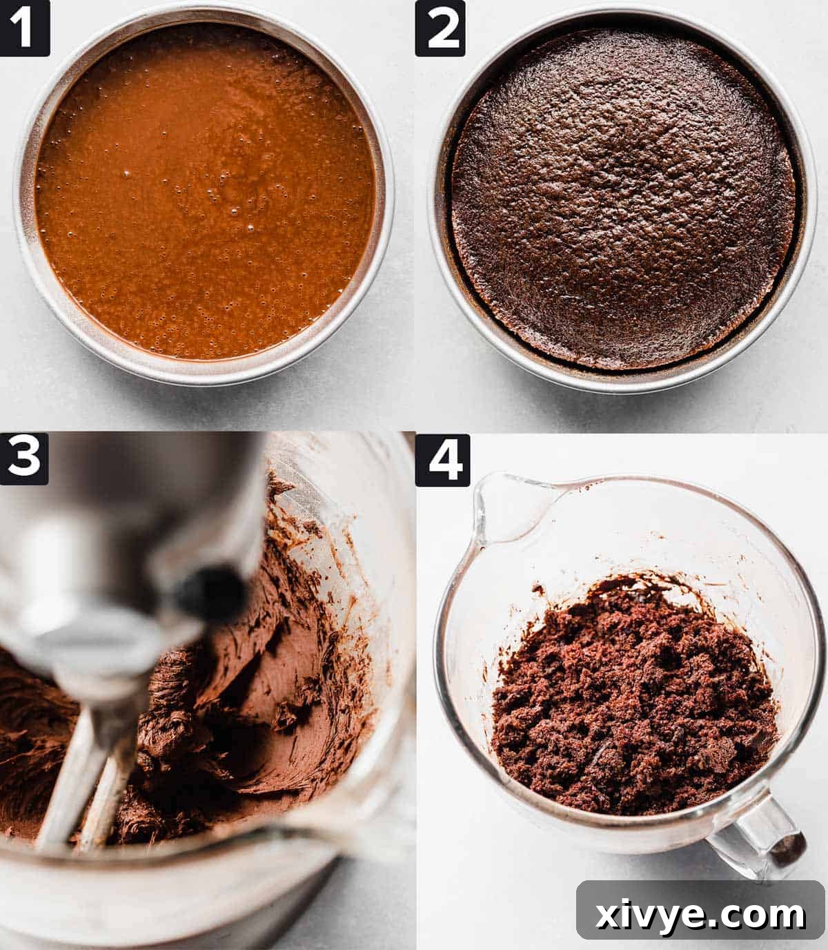 Four images showing how to make Chocolate Cake Pops: top two images show a circle cake pan filled with batter, then baked, bottom images show making of frosting and a glass bowl with crumbled cake in it.