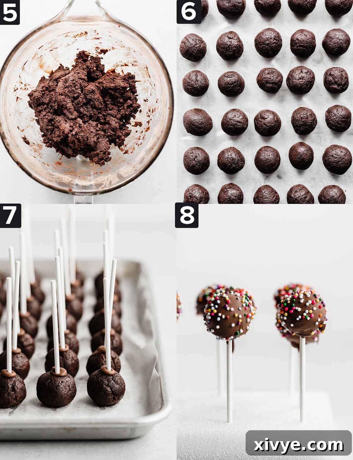 Four images showing how to make Chocolate Cake Pops.
