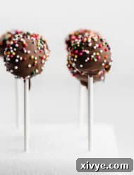 Chocolate Cake Pops covered in colorful sprinkles against a white background.