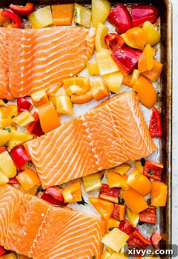 Fiery Citrus Salmon Sheet Pan Dinner 4 Unbaked salmon on a baking sheet surrounded by orange, yellow, and red chopped bell peppers before roasting.