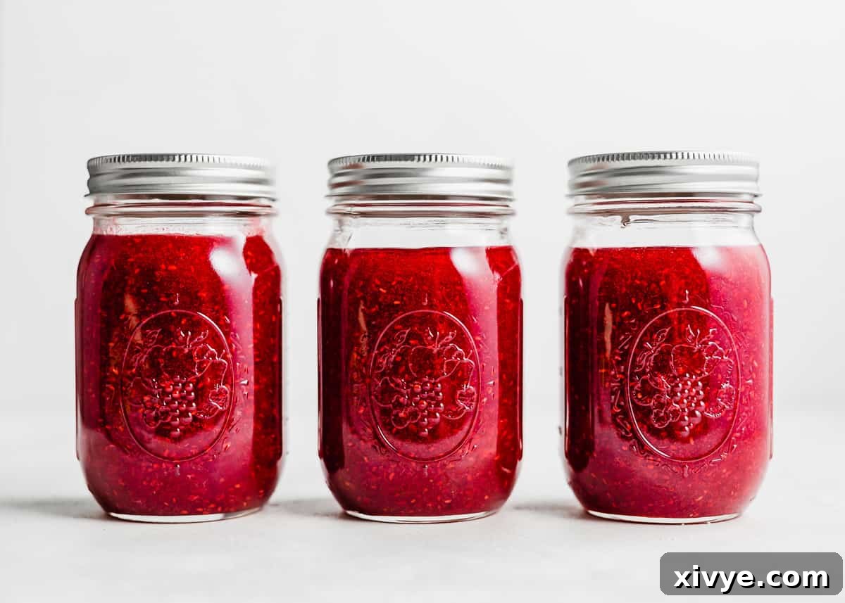 No-Fuss Raspberry Freezer Jam 2 Three Raspberry Freezer Jam jars against a white background.