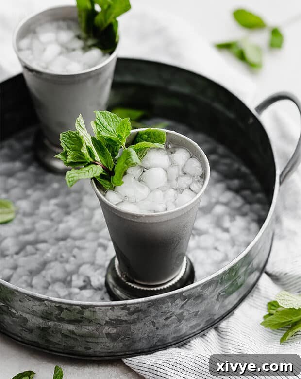 Zero-Proof Mint Julep 6 A virgin mint julep in a metal cup on a silver metal tray.