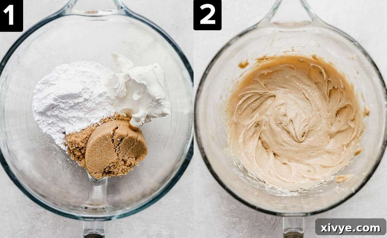 Two images, left image is glass bowl with brown sugar, powdered sugar, and cream cheese in it. Right photo is smooth tan colored Cream Cheese Fruit Dip in glass bowl.