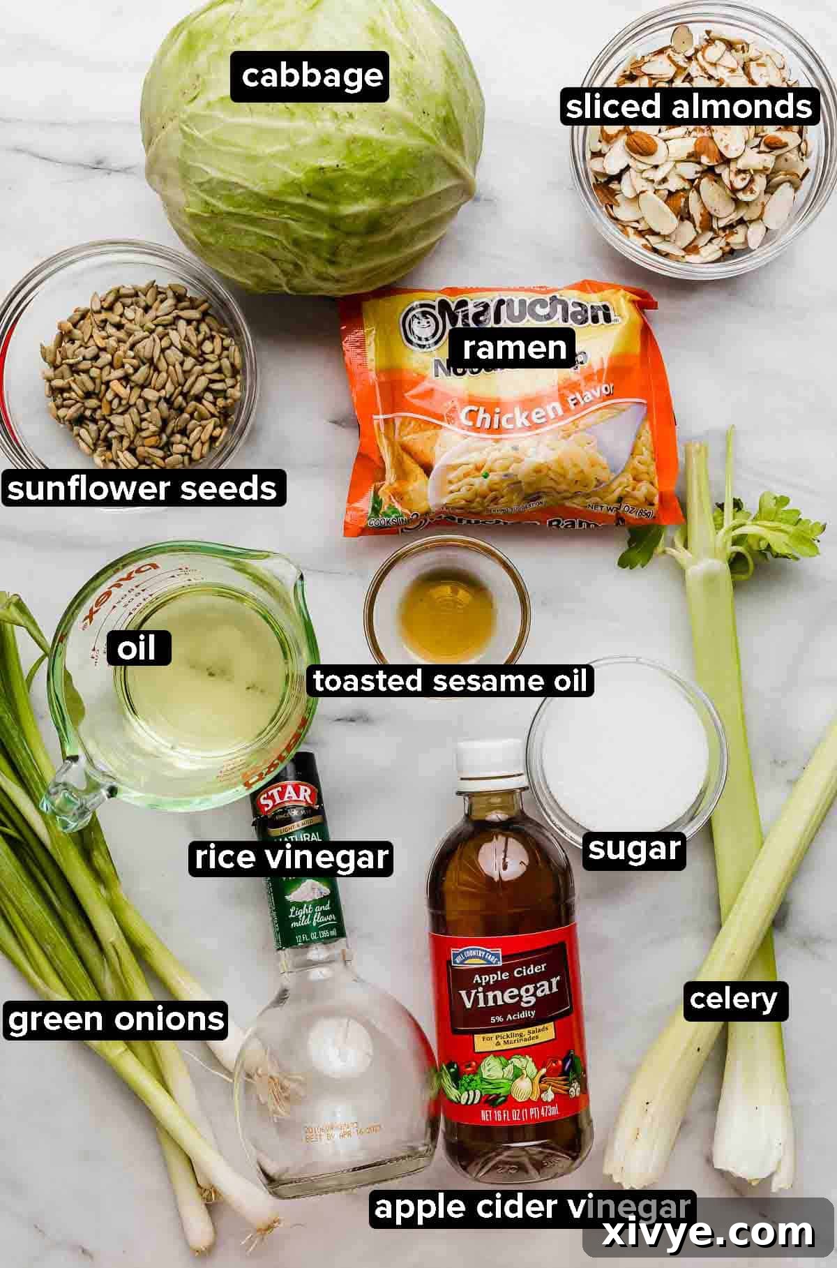 Cabbage salad ingredients on a white background, ingredients include: packet of ramen, celery, green onions, sesame oil, rice vinegar, almonds, sunflower seeds, sugar, cabbage.