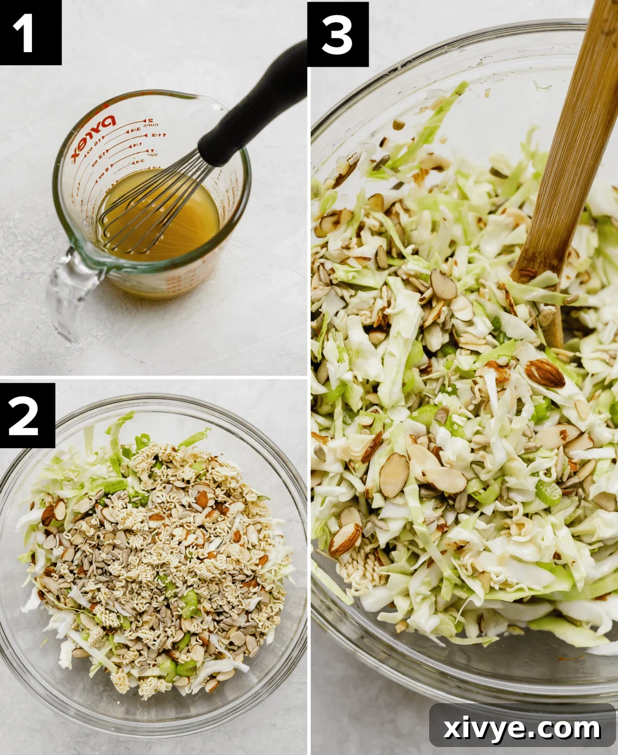 Three images showing how to make cabbage salad, top left image is cabbage salad dressing in a glass measuring cup, bottom left is ramen over a bed of chopped cabbage, right image is mixed Crunchy Cabbage Salad in a glass bowl.