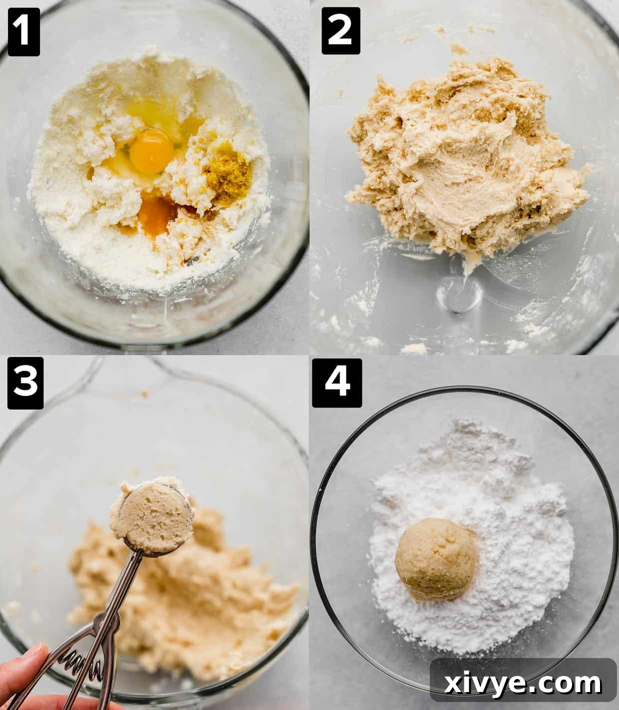 A four photo collage of making lemon cookies.