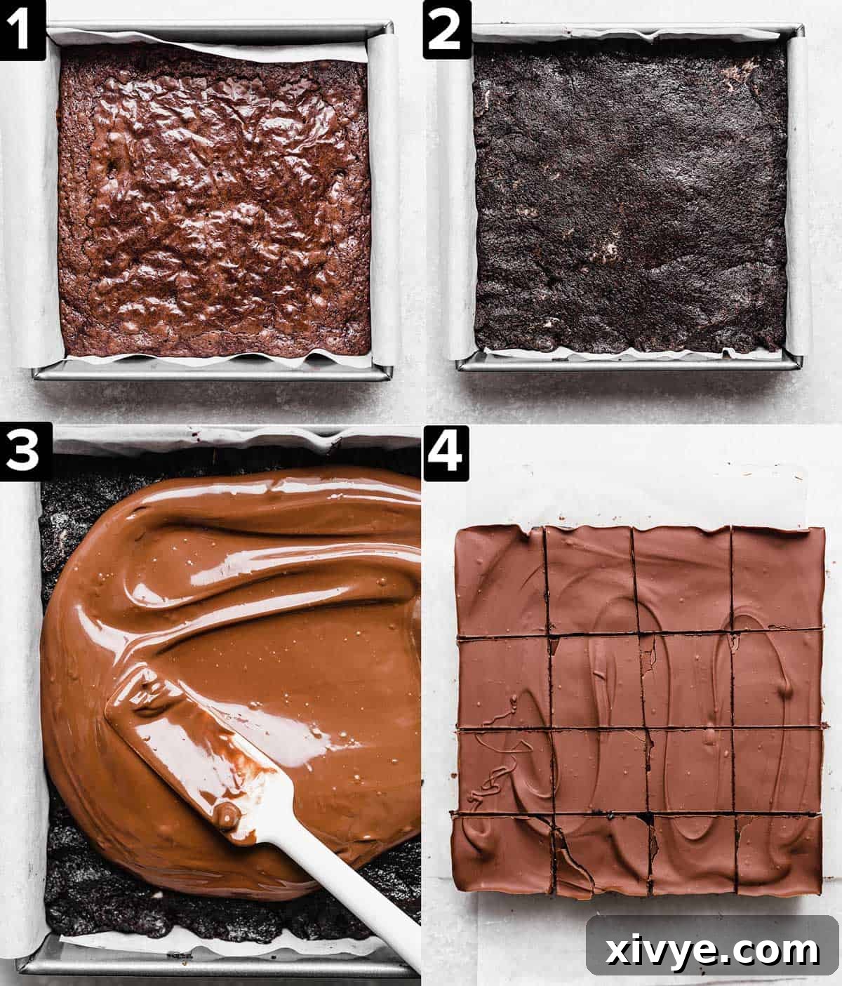 Decadent Oreo Truffle Brownies 4 Four photos showing how to make Oreo Truffle Brownies, a square pan filled with brownies then topped with Oreo truffle layer, and melted chocolate spread overtop, and then the brownies cut into squares.